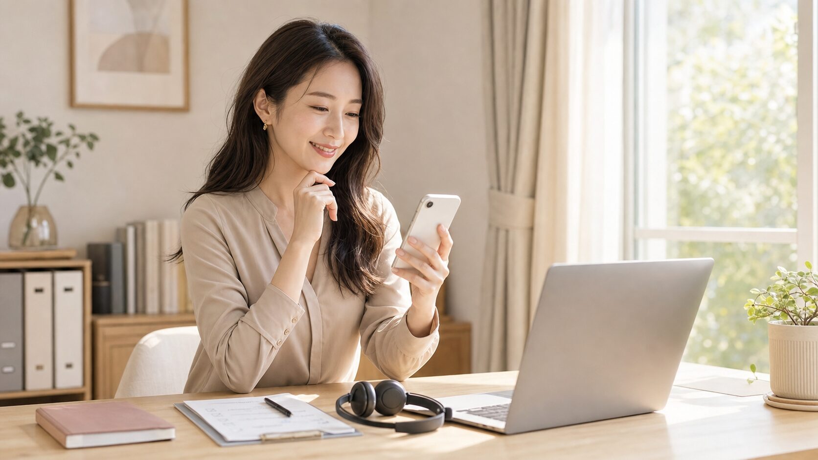 スマートフォンで成果を確認する在宅営業スタッフ