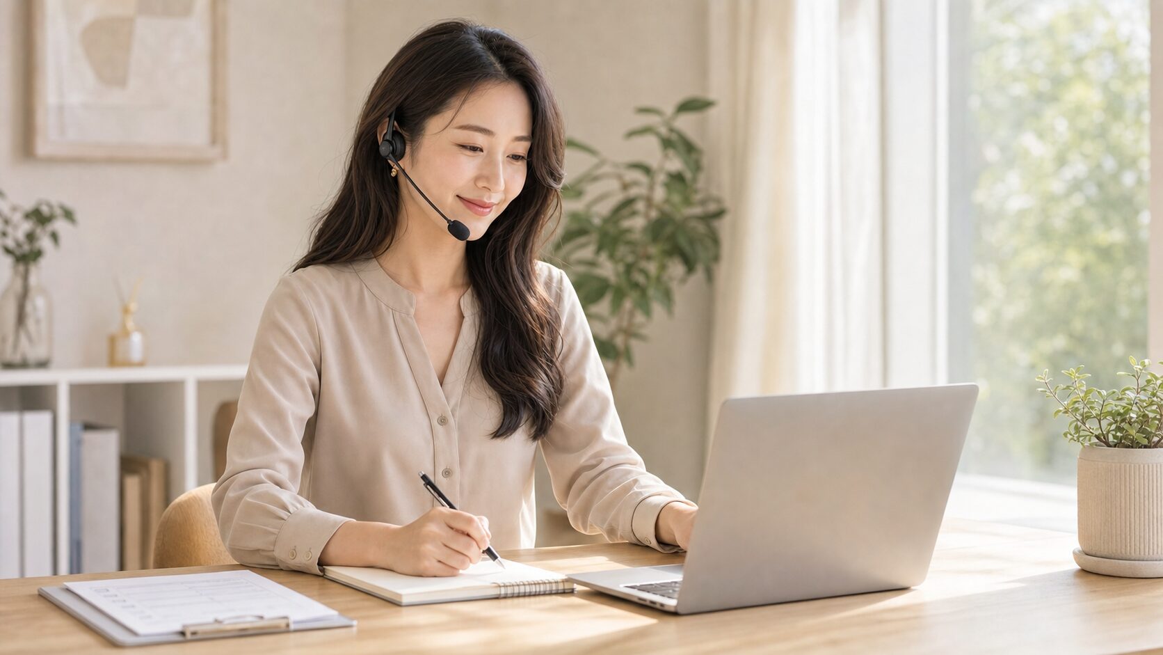 長い髪の在宅営業スタッフが架電しながら丁寧に記録する様子