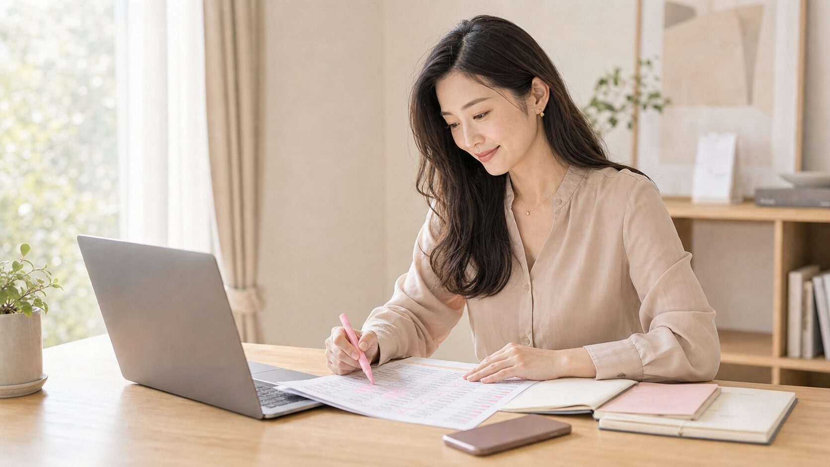 長い髪の在宅営業スタッフが架電リストを丁寧に確認する様子