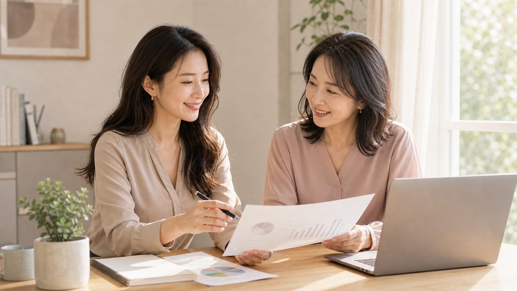 長い髪のLIEN Assistスタッフが女性経営者と営業計画を確認する様子