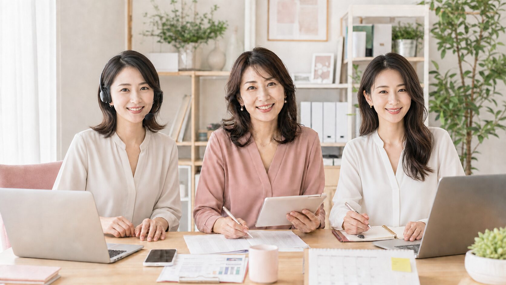 3人の在宅営業スタッフ。右側は長い黒髪の上品な女性で、チームで営業支援に取り組む様子