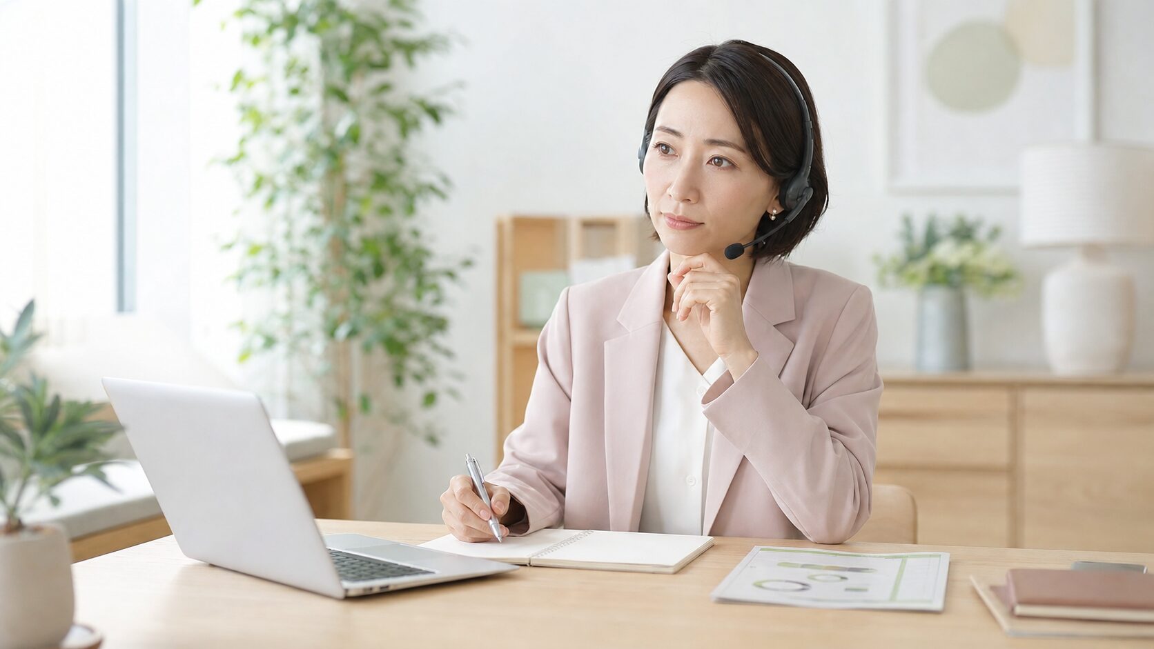 相手の状況を理解するための質問を丁寧に考える女性スタッフ